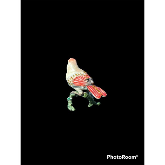 Vtg Female Cardinal Bird Pewter Jewelry Trinket Box Hinged Lid Enamel Jeweled - Picture 6 of 9
